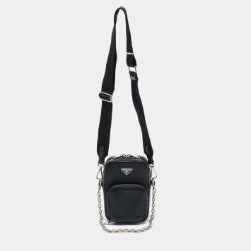 Pre Owned Prada Black Saffiano Lux Leather Phone Crossbody Bag