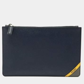 Pre Owned Prada Navy Blue Saffiano Leather Flat Zip Pouch