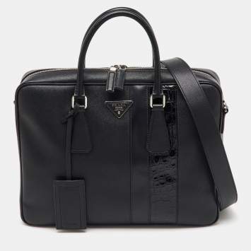 Pre Owned Prada Black Saffiano Leather and Croc Embossed Leather Travel Briefcase Bag