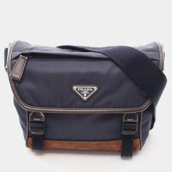 Pre Owned Prada Tessuto Camoscio Navy/Brown Nylon Leather Suede Shoulder Bag