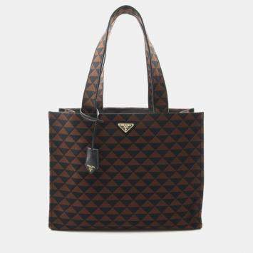 Pre Owned Prada Triangolo Symbole Brown/Black Embroidered Jacquard Saffiano Shopping Tote Bag