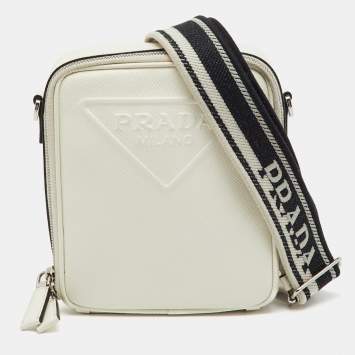 Pre Owned Prada White Leather Logo Embossed Vertical Shape Shoulder Bag