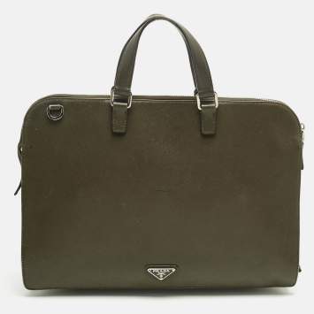 Pre Owned Prada Olive Green Saffiano Lux Leather Briefcase Bag
