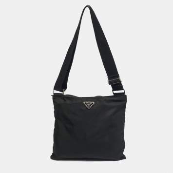 Pre Owned Prada Black Nylon Logo Zip Flat Messenger Bag