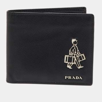 مملوكة مسبقًا Prada Black Saffiano Metal Leather Bellhop Bifold Wallet