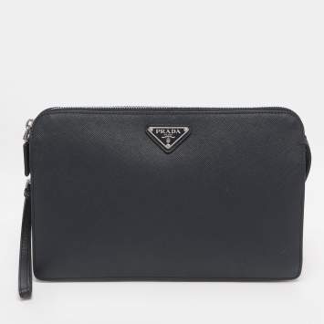 Pre Owned Prada Navy Blue Saffiano Leather Wristlet Pouch