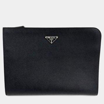 Pre Owned Prada Black Leather Saffiano Clutch