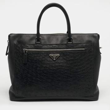 Pre Owned Prada Black Ostrich Leather and Saffiano Leather Briefcase 