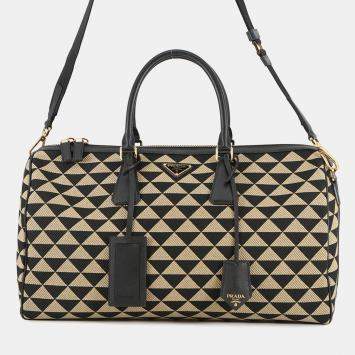 Pre Owned Prada Symbol Embroideryfabric Travel Bag Beige/Black Canvas Saffiano Leather 