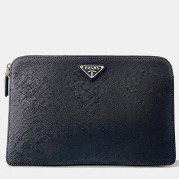 Pre Owned Prada Saffiano Leather Clutch Bag Black Leather