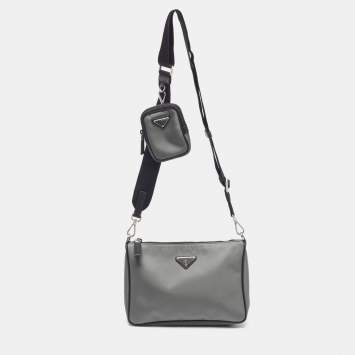 مملوكة مسبقًا حقيبة مسنجر برادا نايلون رمادي/أسود مع شعار