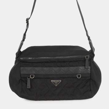 Pre Owned Prada Triangle Logo Quilted Shoulder Bag Black Nylon Leather