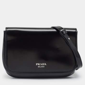 Pre Owned Prada Black Brushed Leather Flap Crossbody Bag
