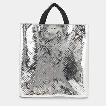 Pre Owned Prada Shopping Bag Silver Brushed leather Canvas