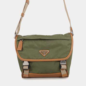 Pre Owned Prada Re-Nylon Saffiano Leather Messenger Bag Military Green Nylon Saffiano Leather Shoulder Bag