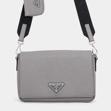 Pre Owned Prada Triangular Plate Gray Saffiano Leather Shoulder Bag
