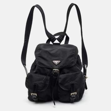 Pre Owned Prada Double Pocket Black Leather and Nylon Backpack