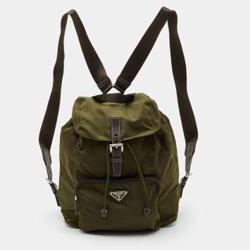 Pre Owned Prada Olive Green Vela Nylon and Leather Backpack