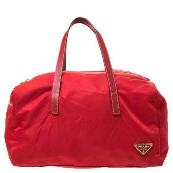 Pre Owned Prada Red Nylon and Leather Duffle Bag