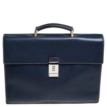 Prada Navy Blue Saffiano Cuir Leather Work  Briefcase