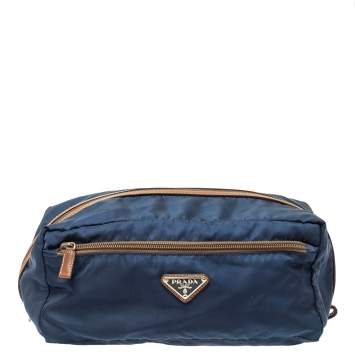 Pre Owned Prada Navy Blue/Brown Tessuto Nylon Wash Bag