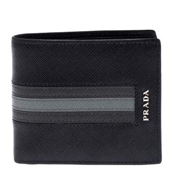 Pre Owned Prada Black/Grey Saffiano Leather Stripe Bi-Fold Wallet 