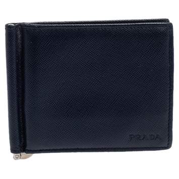 Pre Owned Prada Navy Blue Saffiano Lux Leather Money Clip Bifold Wallet
