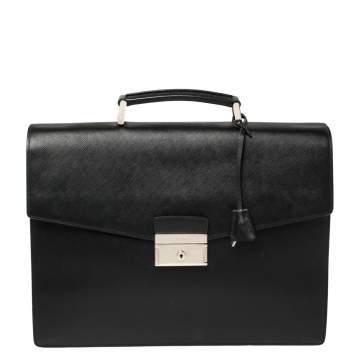 Pre Owned Prada Black Saffiano Lux Leather Double Gusset Briefcase