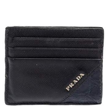Pre Owned Prada Black/Navy Blue Saffiano Leather and Crocodile Card Holder