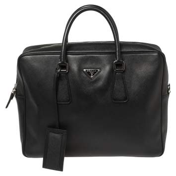 Pre Owned Prada Black Saffiano Leather Briefcase Laptop Bag