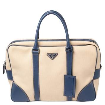 Pre Owned Prada Blue/Beige Canvas and Saffiano Leather Briefcase