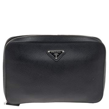 Pre Owned Prada Black Saffiano Leather Zip Around Clutch
