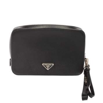 Pre Owned Prada Black Saffiano Leather Portfolio Wristlet Clutch