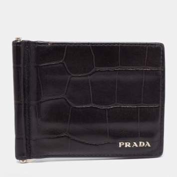 Prada Black Croc Embossed Leather Money Clip Bifold Wallet