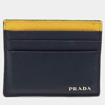Pre Owned Prada Navy Blue/Yellow Saffiano Metal Leather Card Holder