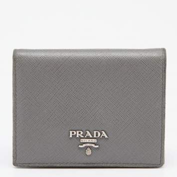 Pre Owned Prada Grey Saffiano Leather Bifold Card Case