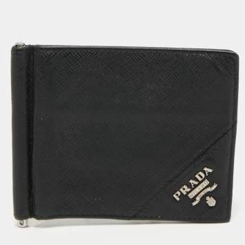 Pre Owned Prada Saffiano Metal Leather Money Clip Bifold Wallet