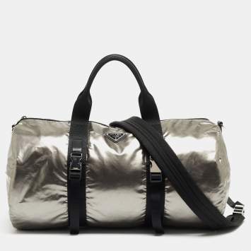 Pre Owned Prada Black/Metallic Grey Tessuto Metal Duffel Bag