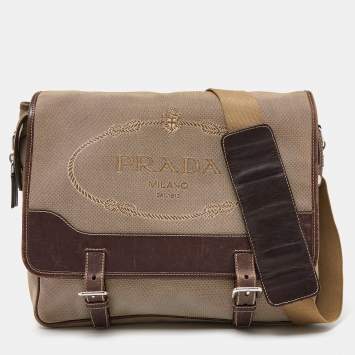 Pre Owned Prada Beige/Brown Jacquard Canvas and Leather Messenger Bag