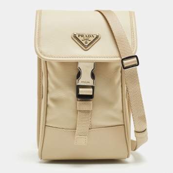 Pre Owned Prada Beige Re-Nylon and Saffiano Leather Smartphone Case Bag