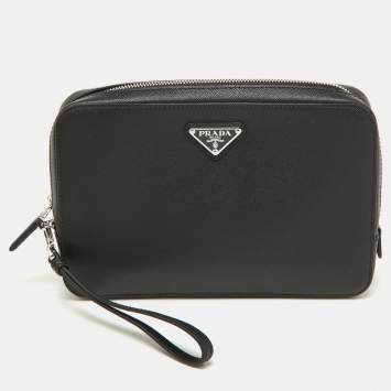 Pre Owned Prada Black Saffiano Leather Wristlet Zip Pouch