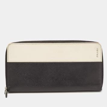 Pre Owned Prada Black/Ivory Saffiano Lux Leather Zip Around Organizer