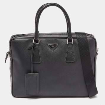 Pre Owned Prada Black Saffiano Lux Leather Briefcase Laptop Bag