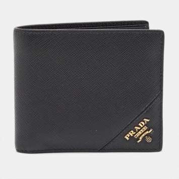 Pre Owned Prada Black Saffiano Metal Leather Logo Bifold Wallet