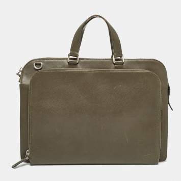 Pre Owned Prada Olive Green Saffiano Lux Leather Front Pocket Briefcase Bag
