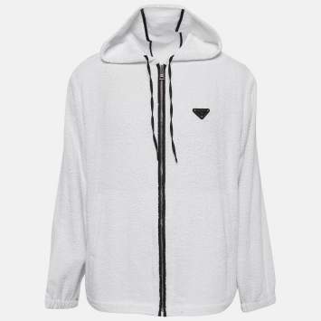 Pre Owned Prada White Terry Enameled Metal Logo Hoodie Jacket XL