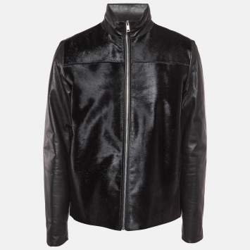Pre Owned Prada Black Fur & Leather Insulated Biker Zip-Up Jacket XL