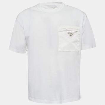 Pre Owned Prada White Triangle Logo Pocket Detail Cotton T-Shirt XL