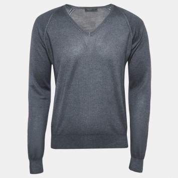 Pre Owned Prada Grey Wool Blend Knit V-Neck Sweater L