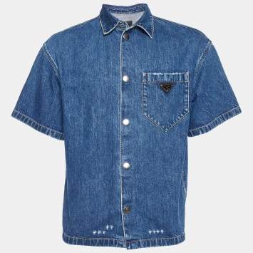Pre Owned Prada Blue Denim Boxy Fit Short Sleeve Shirt S